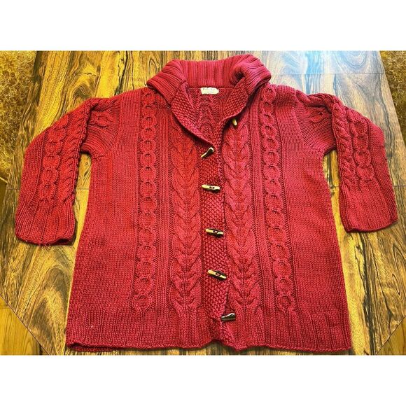 RICO Hand Knits Dark Red 100% Cotton Collared Cardigan Sweater Sz L READ - Picture 1 of 13